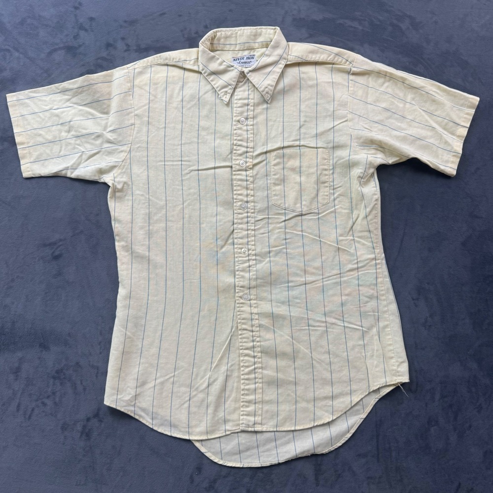 Vintage Campus Never Iron Mens Yellow Blue Striped Short Sleeve Shirt 15 M 15.5